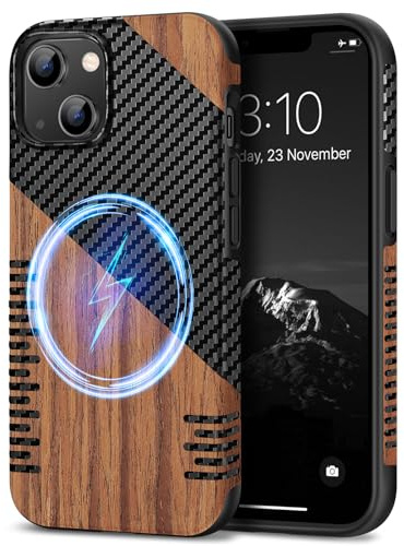 TENDLIN Compatible with iPhone 13 mini Case Wood Grain with Carbon Fiber Texture Design Leather Hybrid Slim Case (Compatible with MagSafe) Twill