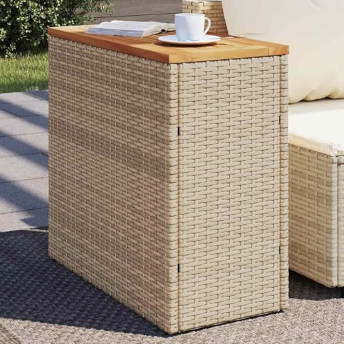 QZZCED Beistelltisch für den Garten mit Holzplatte und Gestell aus PE-Rattan, Beige, 58 x 27,5 x 55 cm, robuster Outdoor-Möbel für Terrasse oder Hof, Oberfläche aus Akazie und Gestell