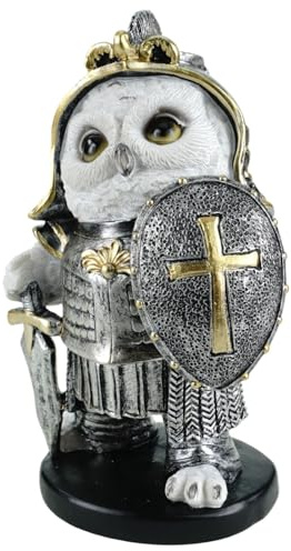 Kremers Schatzkiste Ritter Eule Dekofigur Mittelalterliche Eule als Ritter 19 cm mit Schwert & Schild - Handbemalte Polyresin Figur für Regal & Geschenkidee - Weiß
