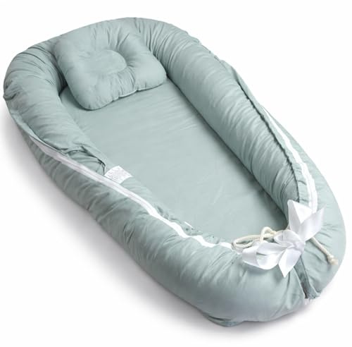 JIMIBOO Reductor de Cuna Bebé 0 Meses Verde Pastel – Nido de Algodón con Almohada Protectora, Colchón Desmontable y Funda Lavable, Ideal para Colecho y Cuna