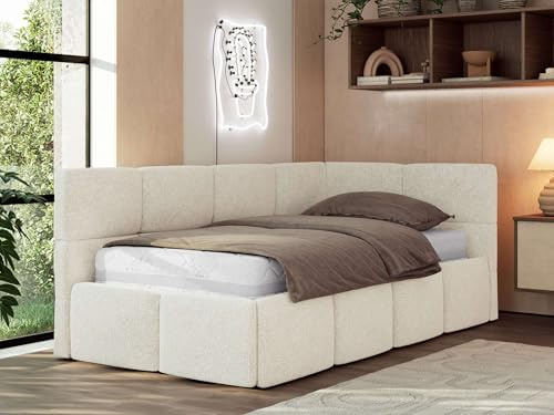 Jugendbett ARVO 90x200 cm mit Lattenrost und Bettkasten, Polsterbett mit gepolstertem Kopfteil und Gasdruckfedern, Eckbett mit Stauraum - mit Pocket-Matratze - Creme Strukture - Rechts Seite