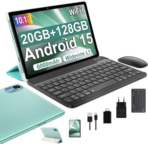 Tablet 10 Pulgadas Android 15, 20GB+128GB con Funda, Teclado y Ratón-Verde | Tablet PC Octa-Core,Widevine L1,6000mAh,5G WiFi 6,BT5.0, 8MP+5MP, Type-C, TF 2TB