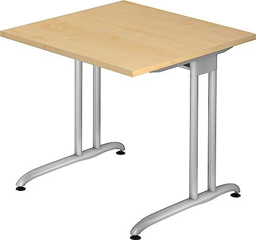 bümö Schreibtisch klein B-Serie 80x80 cm, Tischplatte aus Holz in Ahorn, Gestell aus Metall in Silber - PC Tisch, Kleiner Computertisch für's Büro, Office Bürotisch
