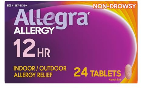 Allegra Adult 12-Hour Allergy Relief Tablets, Non-Drowsy Indoor and Outdoor Allergy Medicine, 60 mg Fexofenadine HCI Antihistamine Pill, 24-Count