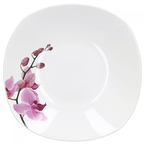 Van Well Assiette creuse Kyoto, 450 ml, 215 x 215 mm, assiette à salade, bol de service, vaisselle en porcelaine, décor floral orchidée, rose et rouge, rose