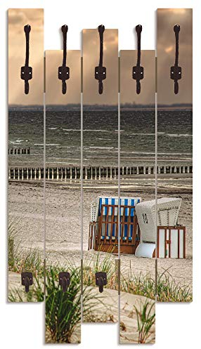 ARTLAND Wandgarderobe Garderobenpaneel Holz mit 8 Haken 63x114 cm Design Garderobe mit Motiv Natur Dünen Strand Meer Ostsee T9ER