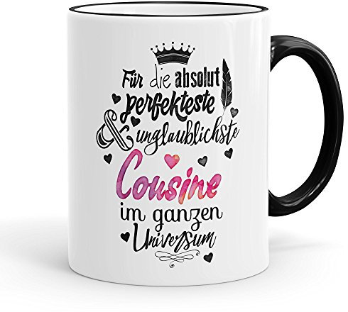 Funtasstic Tasse Für die absolut perfekteste Cousine - Kaffeepott Kaffeebecher 300 ml (3914), Farbe:schwarz