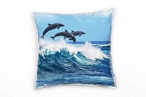 Paul Sinus Art Tiere, Meer, springende Delfine, Wellen, blau Deko Kissen 40x40cm für Couch Sofa Lounge Zierkissen - Dekoration zum Wohlfühlen