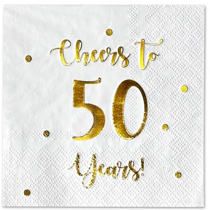 Cheers to 50 Years Cocktail Napkins | Happy 50th Birthday Decorations for Men and Women and Wedding Anniversary Party Decorations | 50-Pack 3-Ply Napkins | 5 x 5 inch folded (White)