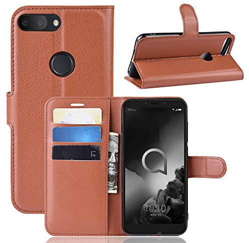 Fertuo Funda para Alcatel 1S 2019, Carcasa Libro con Tapa de Cuero Piel Wallet Case Flip Cover con Kickstand, Hebilla Magnetica, Ranuras para Tarjetas para Alcatel 1S 2019, Marrón