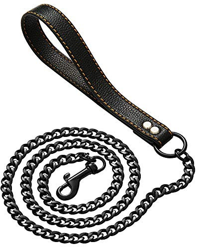 W/W Lifetime Black Dog Chain Leash Metal Cuban Link Dog Collar Chain 4.5FT 11mm Chew Proof Dogs Leash Metal with Leather Padded Handle for Large Medium Pitbull(11MM, 4.5ft)