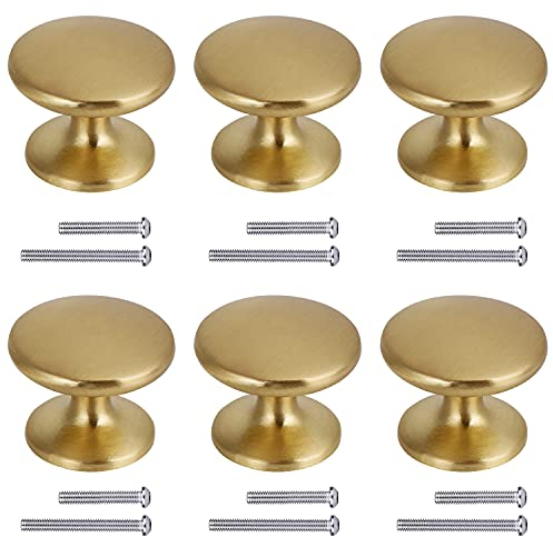 BIGLUFU Runden Schrankknöpfe, 6 Stück Gold Möbelknöpfe, 23 * 27mm Messing Schrankgriffe mit Schrauben für Kleiderschrank, Kommoden, Schubladen