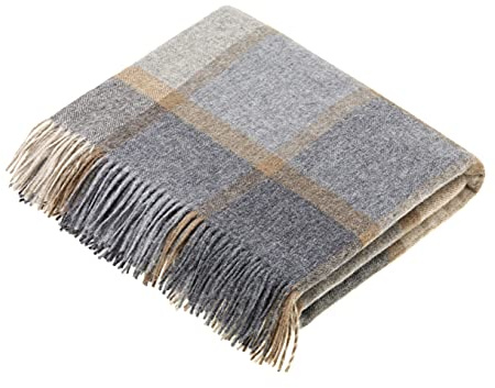 Moon Wool Plaid Throw Blanket, Merino Lambswool, Block Windowpane Beige Grey, Made in UK