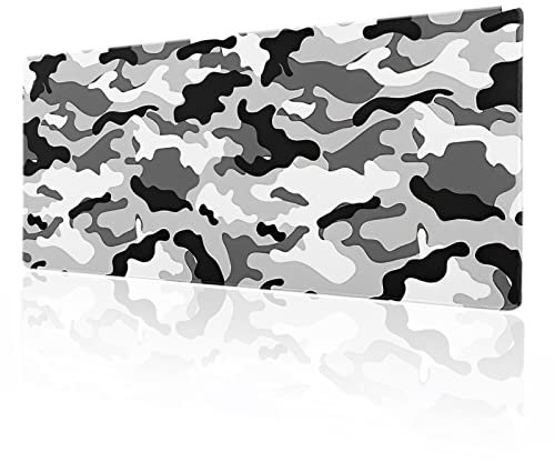 Camouflage Camo Gaming Mouse Pad XL Black White Gray Extended Large Desk Cover Big Table Mat Non-Slip Rubber Base Stitched Edge Long Keyboard Playmat for Office,31.5×11.8 Inches