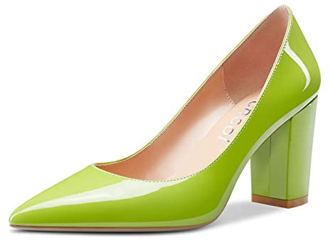 Aachcol Zapatos de tacón clásico para Mujer con Puntera en Punta y tacón Medio, Zapatos de tacón Cuadrado para Oficina, 8 cm Verde Lima Charol 42 EU