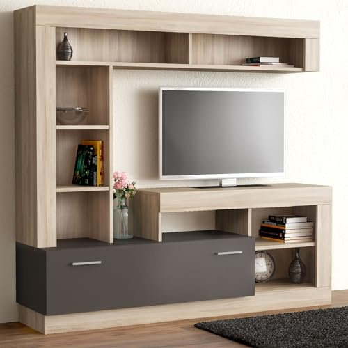 milani home - parete attrezzata soggiorno con mobile porta TV e pensili, olmo e grigio scuro, 170 x 42 x 170 cm