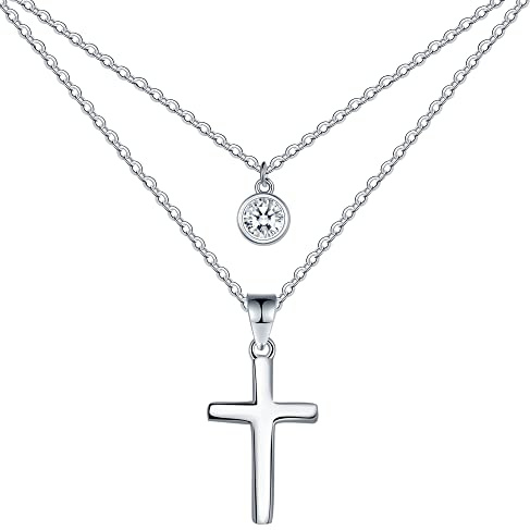 REIOT Damen Silber Halskette, Doppelkette aus 925er Sterlingsilber mit Zirkonia Anhänger, Muttertag Geburtstagsgeschenk für Mama Damen, Kettenlänge 45 + 5 cm