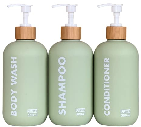 OLLIES Shampoo and Conditioner Dispenser, Shower Soap Dispenser for Bathroom-Set of 3 with Permanent Stylish Label-17oz, 500ml Refillable Shampoo and Conditioner Bottles Green