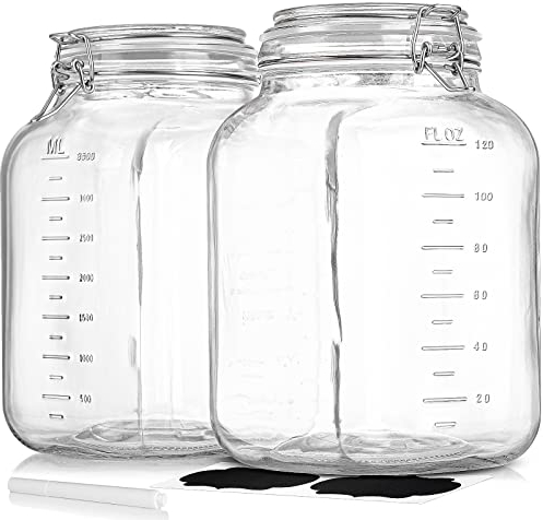 2 Pack 1 Gallon Square Super Wide-Mouth Glass Jars with Airtight Lids - Glass Storage Jars with 2 Measurement Mark - Canning Jars with Large Capacity, Sturdy For Canning, Overnight Oats, 4200 ML