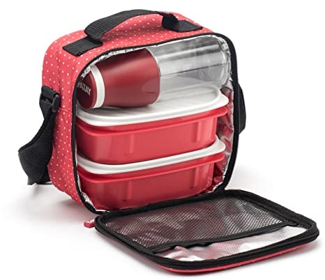 TATAY Borsa Termica Porta Pranzo, 3L Capacità, con 2 Contenitori Alimentari (2x 0,5L) e una Bottiglia Ermetica da 400ml, Senza BPA, Colore Rosso con puntini. Misure: 22.5 x 10 x 22 cm