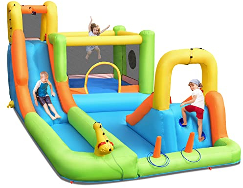 GOPLUS Aufblasbare Hüpfburg, Wasserrutsche mit 2 Planschbecken, 2 Rutschen, Kletterwand, Wasserkanone, Basketballkorb, Wurfspiel & Zielbällen, für 3-10 Jahre, 503 × 290 × 216 cm (Mit 680W Gebläse)