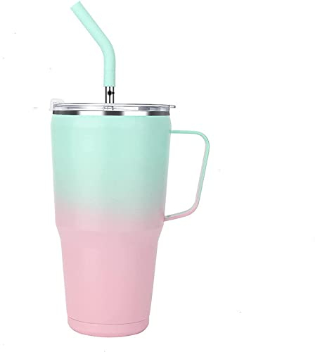 LADRENTDU Aislamiento Botella Agua Prueba De Fugas Vaso Para Automóvil De Acero Inoxidable De 40 Oz Con Asa, Gran Capacidad, Rociado De Plástico [polvo Verde] De 30 Oz.