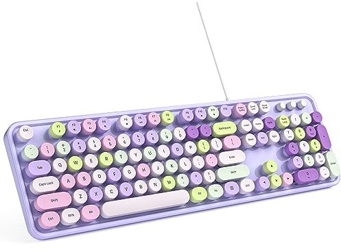 MOWUX Computer Keyboard Wired, Plug and Play USB Retro Round Typewriter Keyboard, Full Size Wired Keyboard with Foldable Stands for Laptop and Office PC- Purple Colorful