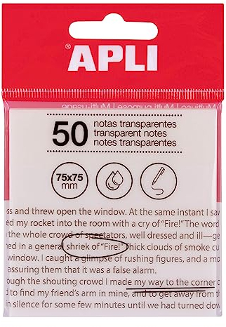APLI 19568 - Notes adhésives transparentes - 75 x 75 mm - Couleur: blanches - 50 feuilles translucides résistantes à l'eau - Idéal pour les étudiants et les enseignants.