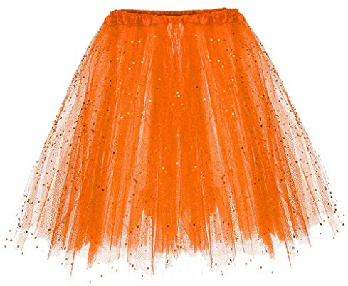 Tüllrock Damen Tutu Klassisch Elastisch Tüll Tüllrock Rot 80er Rock Tütü Dirndl Damen Kurz Teen Dance Dress Up Party Zubehör Ballett Tanzkleidung Ballettkleidung 80er Jahre Outfit (Orange, One Size)