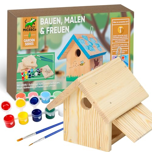 Mice&Co Kit DIY Maison d’Oiseau en Bois à Construire et Peindre - Nichoir Extérieur Écologique pour Le Jardin, Activité de Bricolage Créative avec Peintures Incluses, Refuge pour Oiseaux Sauvages