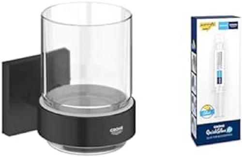GROHE Start Cube - Glas mit Halter- Set (Material: Glas/Metall, inkl. QuickGlue A1: Klebeset für einen Klebepunkt, verdeckte Befestigung), matt schwarz, 410972430