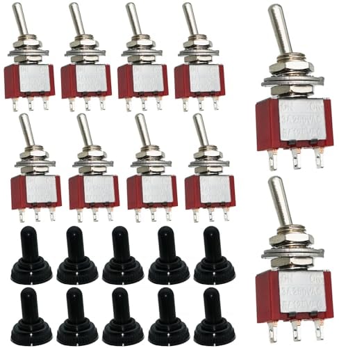 Dujelixa Mini Interruptor de Palanca SPDT - Reinicio Unilateral 3 Pines 2 Posiciones, Corte 6mm AC125V 6A (250V/3A) MTS-112 - 10 Piezas Con Tapa Impermeable M6