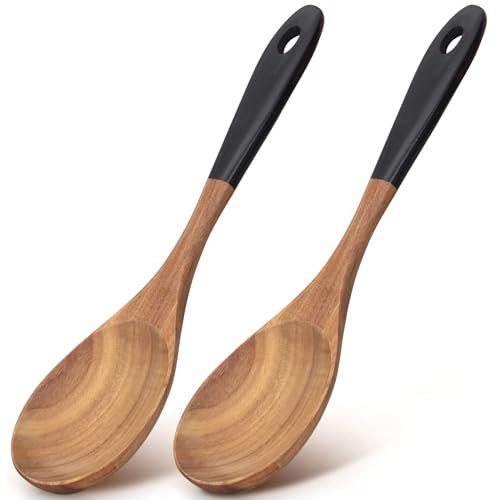 2 Pcs Large Wooden Spoons for Cooking Serving Spoon 12 Big Mixing Spoons for Baking Cooking Spoon Set Unique Acacia Wood Utensils Teak Long Stirring Spoons Kitchen Tools Spatula