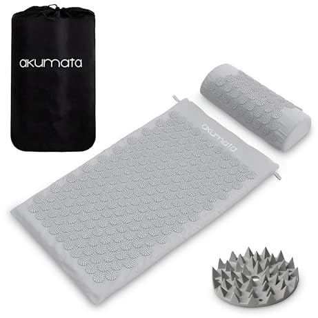 Akumata Tapis d'Acupression Kit - Tapis Acupression et Coussin Acupression pour Massage Lombaire | Taille Normale Tapis de Massage pour le Dos | Massage et Relaxation - Gris & Gris