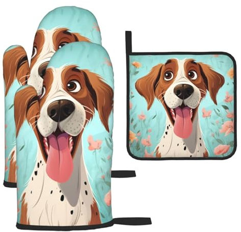 Lustige Ofenhandschuhe und Topflappen für Hunde, 3-teilig, hitzebeständige Ofenhandschuhe, Hot Pads, extra dick, lange Küchenhandschuhe, Topflappen zum Kochen, Backen, Grillen, Geschenke