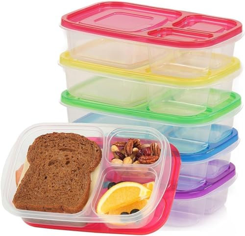 Plastic Food Containers Kids Lunch Box Meal Snack Storage Bento Boxes for School Office with Lid and 3 Compartment BPA Free, Freezer Fridge Microwave Dishwasher Safe (1)