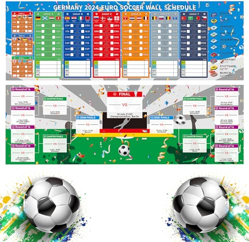 2pcs Spielplan Poster für Euro Fußball 2024 Fussball Planer Geschenke für Fußballfans 21 * 63cm
