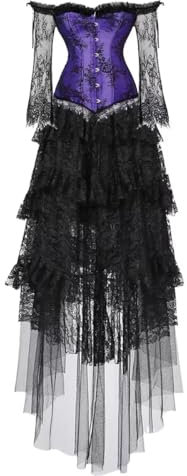 jutrisujo Corsets Dress Top Skirt Set Bustier Lace Long Sleeves Floral Plus Size Costume Halloween Fairy Women Purple M