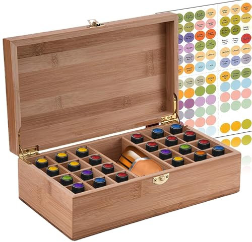 WishesMar 25 Löcher Aufbewahrungs-box Ätherische Öle aus Bambus - Holzkiste Bietet Platz für 5 10 15 ml Ätherisches Öle Flaschen - Tragbar Organisator Holzbox für Duftöle Ausstellung, Lagerung