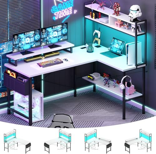 Aheaplus L Shaped Gaming Desk with Power Outlets & LED Lights, Small L- Shaped Desk Computer Corner Desk with Monitor Stand & Storage Shelf, Home Office Desk Writing Desk with Storage Bag, White