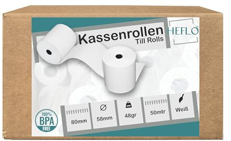 HEFLO® Thermorollen 80mm x 58...60mm x 50m lange Kassenrollen, 48gr BPA frei mit Endmarkierung. Hochwertiges Thermopapier für Kassensysteme z.B. Epson TM-H5000II, TM-88 TM-T85 TM180 TM-L90 u.v.m (50)