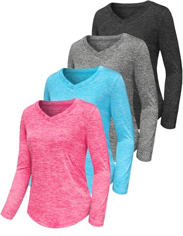 4 Pack Women's Gym Shirts Tops Long Sleeve Tee Yoga Running Top Workout T-Shirt Lightweight Moisture Wicking Quick Dry UPF 50+ Sun Protection Loose Fit V-Neck for Ladies Set2 M