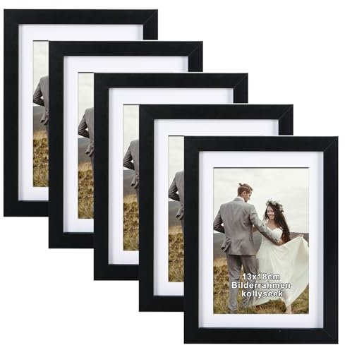 kollyseek set de 5 cadres 13x18 cm en MDF et verre acrylique cadre photo noir cadre photo en bois, à suspendre et à installer, salon à poser et à suspendre, cadre décoratif noir