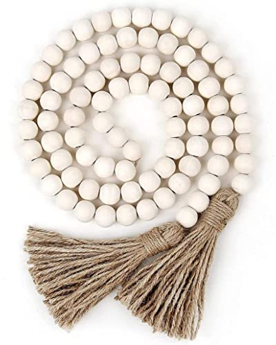 1 Pack 60inch Wood Bead Garland with Tassels, Beads Rustic Country Decor Prayer Beads Wall Hanging Decoration (Nature).