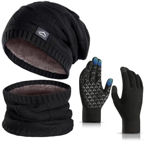 KIRAAT Wintermütze, Schal und Touchscreen-Handschuhe Set für Herren und Damen. Slouchy Strick-Skikhut und Nackenwärmer mit Fleece-Futter für Unisex (Schwarz)
