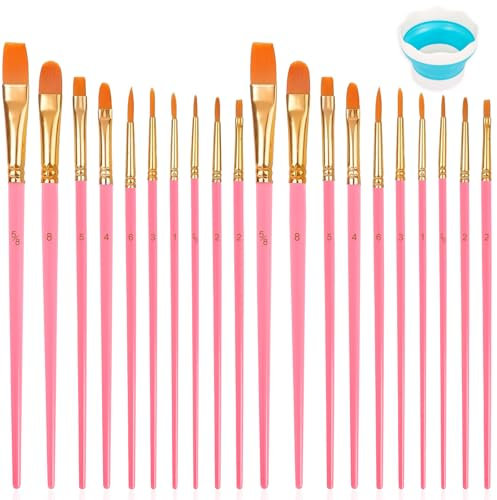 20 Pcs Paint Brush Set, Nylon Hair Paint Brushes for Acrylic Oil Watercolor Painting, Face Paint Brushes for Children Watercolor, Artist Professional Painting Kits (Pink)