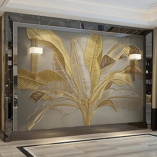 Feuille de bananier dorée en relief 3D pour salon, décoration d'intérieur, papier peint pour fond de télévision, autocollant mural, art mural, motif paradis tropical