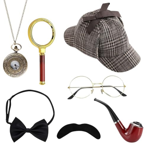 XEERUN Set di accessori per costume da detective, 7 pezzi, accessori per costume Sherlock Holmes, kit per vestito fantasia, detective cosplay, accessori di scena per carnevale, feste in maschera
