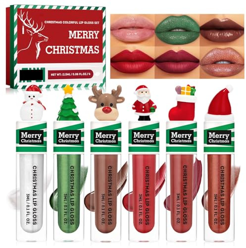 Weihnachten Lipgloss Set, 6 Farben Feuchtigkeit Lip Gloss Geschenkset, Shimmer Matt Glanzend Flüssiger Lippenstift für Voller Wirkende Lippen, Wasserfest & Langlebig Christmas Lippen Makeup Set
