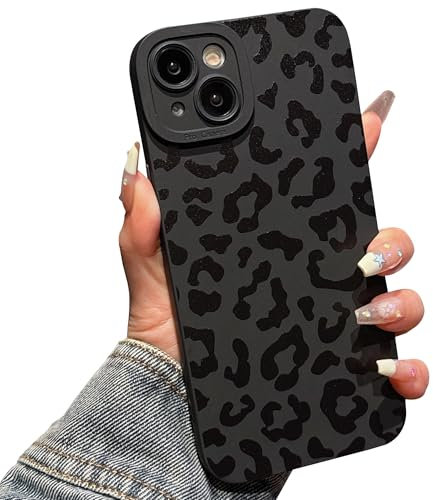 ECZOIL Compatible for iPhone 15 Plus Case, Cute Cool All Black Flower Floral Pattern Design Soft TPU Shockproof Phone Case for Women Girl-Leopard
